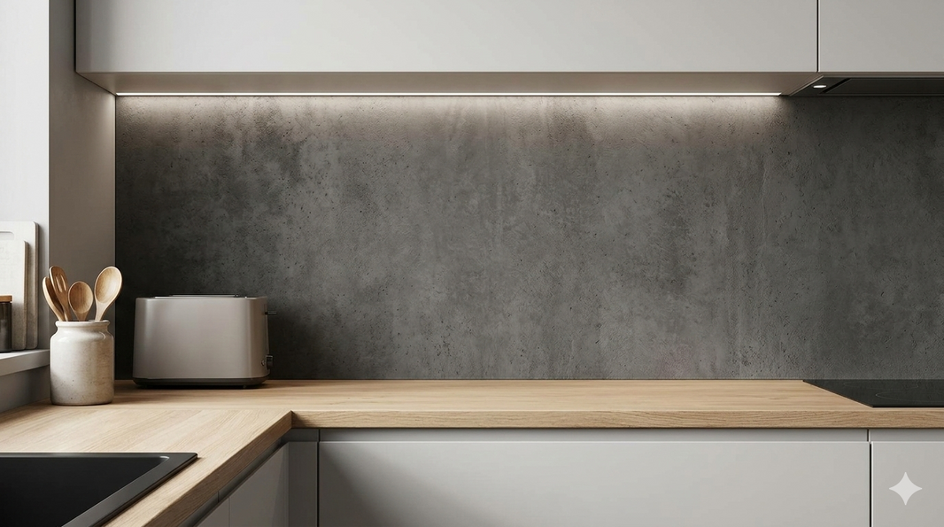 Surowy beton architektoniczny na ścianie w kuchni między szafkami a jasnym drewnianym blatem