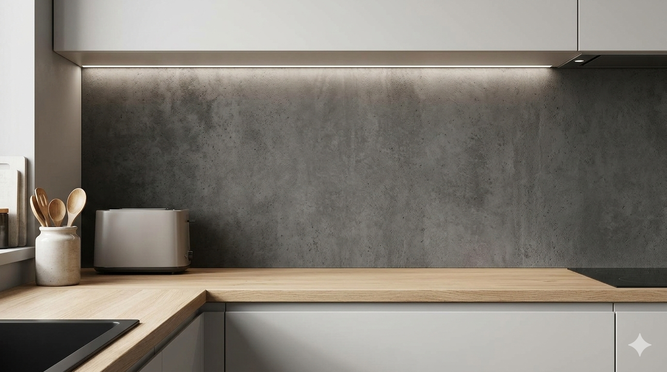 Surowy beton architektoniczny na ścianie w kuchni między szafkami a jasnym drewnianym blatem