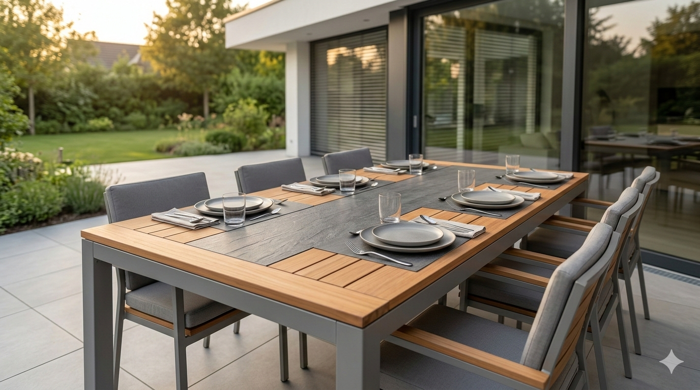 Duży stół na taras z drewna tekowego i aluminium zastawiony dla 8 osób w nowoczesnym ogrodzie