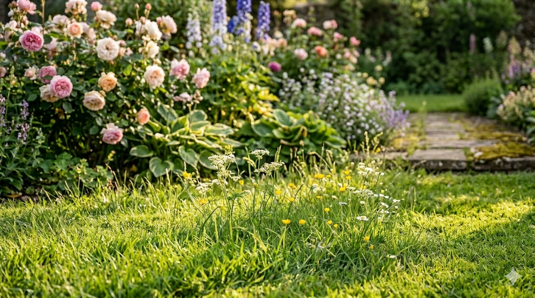 Ręczna kosiarka bębnowa z dużymi kołami stojąca w wysokiej, gęstej trawie w słonecznym ogrodzie
