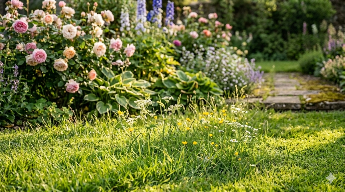 Ręczna kosiarka bębnowa z dużymi kołami stojąca w wysokiej, gęstej trawie w słonecznym ogrodzie