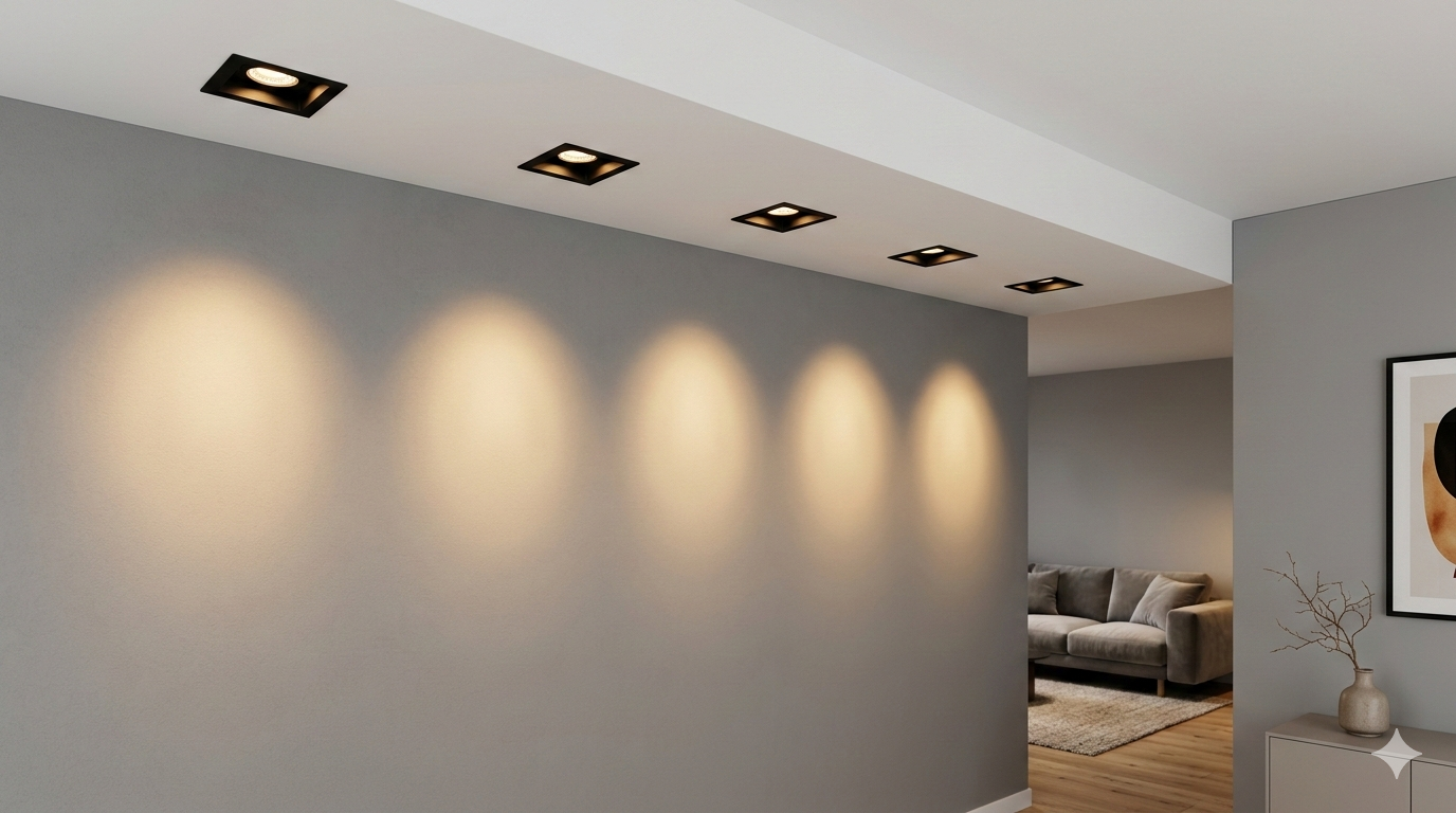 Nowoczesne czarne lampy ledowe sufitowe wpuszczane dające ciepłe światło w minimalistycznym wnętrzu