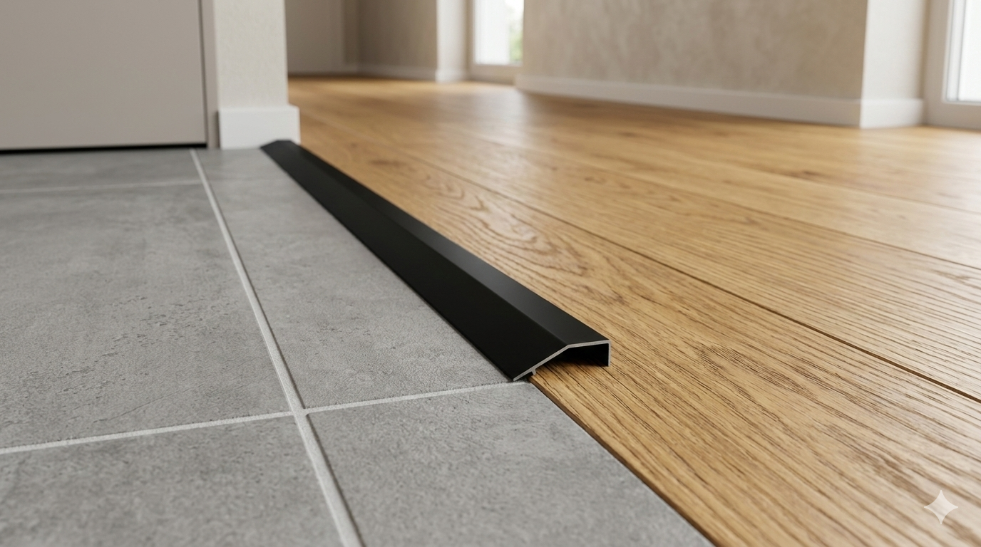 Czarna matowa listwa progowa kątowa łącząca szare płytki z dębowymi panelami, niwelująca różnicę poziomów podłogi