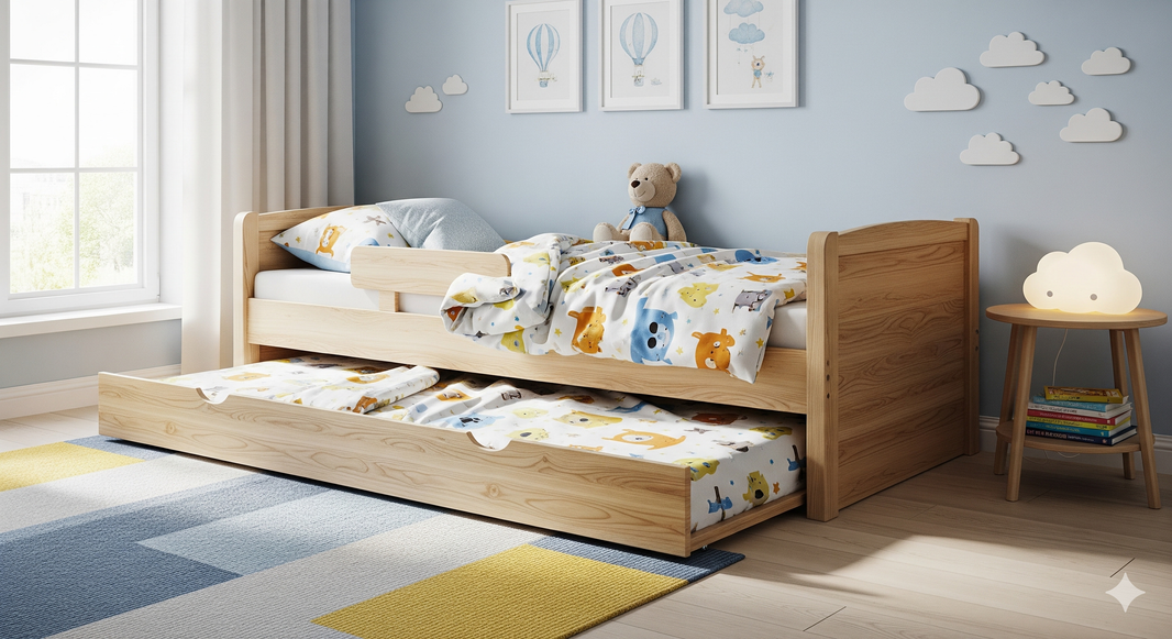 Nowoczesne drewniane łóżko dziecięce z wysuniętym dodatkowym materacem w przytulnym, jasnym pokoju