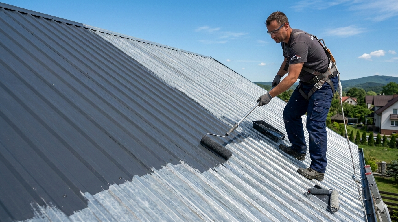 Profesjonalne malowanie dachu z blachy ocynkowanej na kolor antracytowy przy użyciu wałka w słoneczny dzień