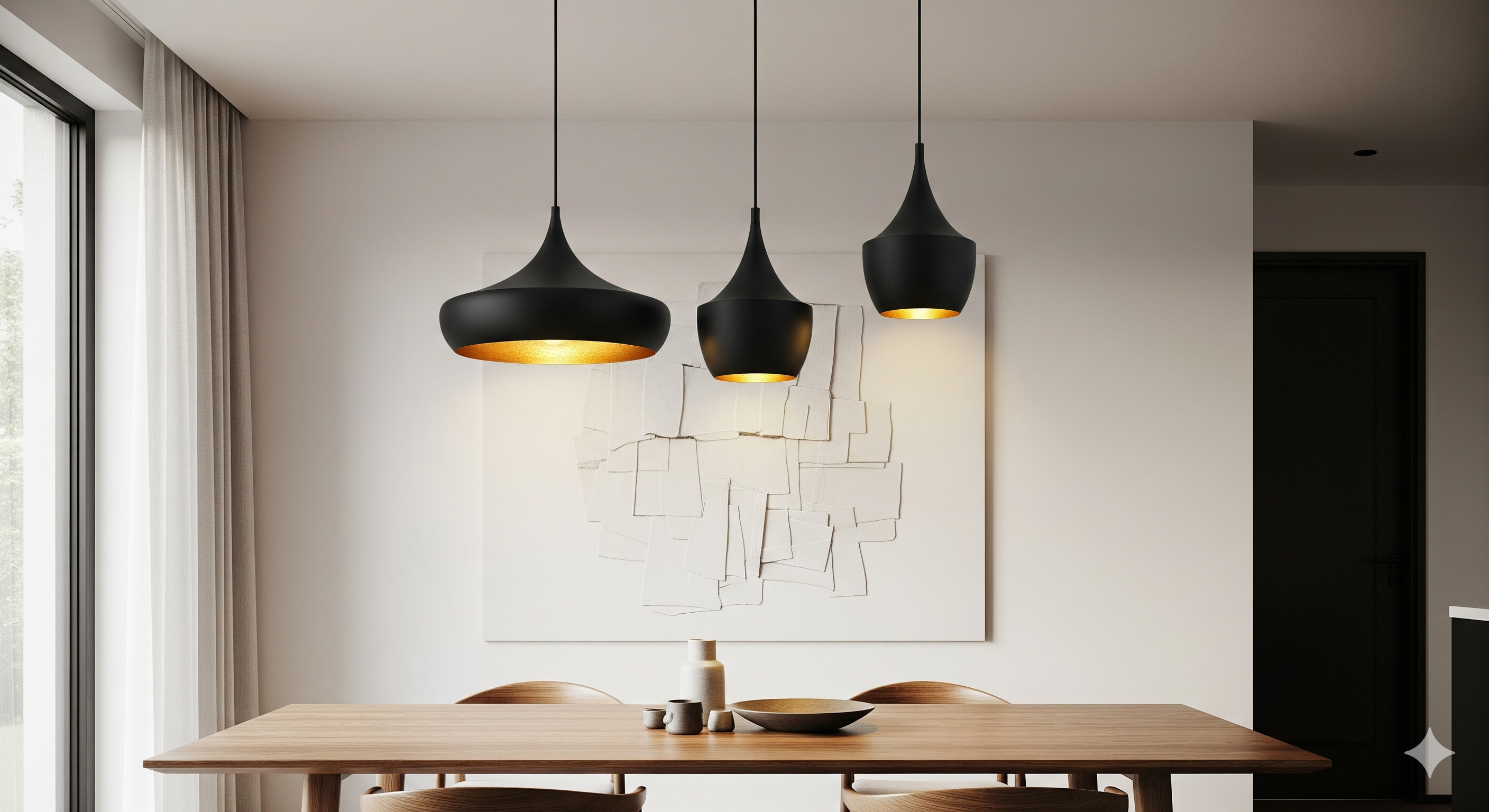 Nowoczesne lampy nad stół – aranżacje z trzema czarnymi kloszami w jadalni