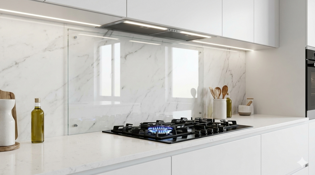 Przezroczysta osłona ściany ze szkła hartowanego zamontowana za nowoczesną kuchenką gazową w jasnej kuchni