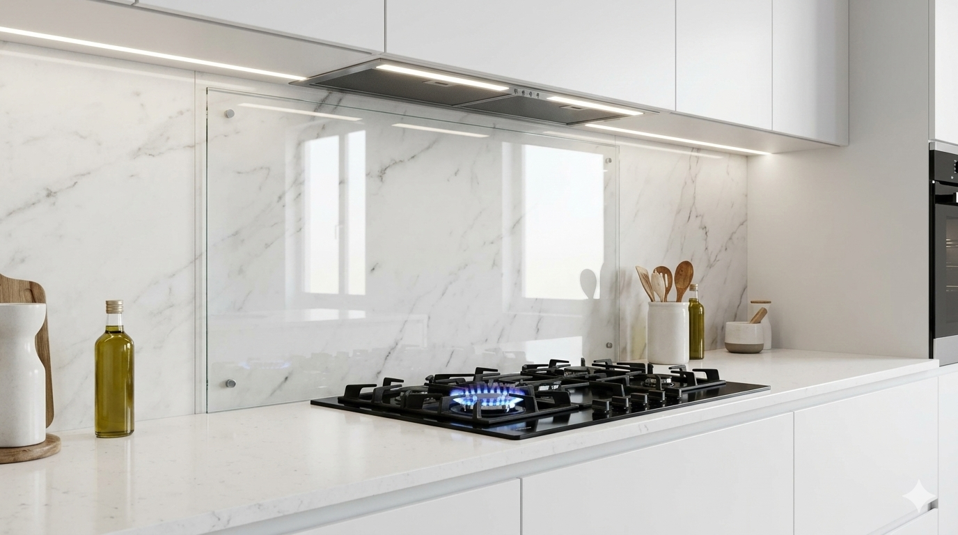 Przezroczysta osłona ściany ze szkła hartowanego zamontowana za nowoczesną kuchenką gazową w jasnej kuchni