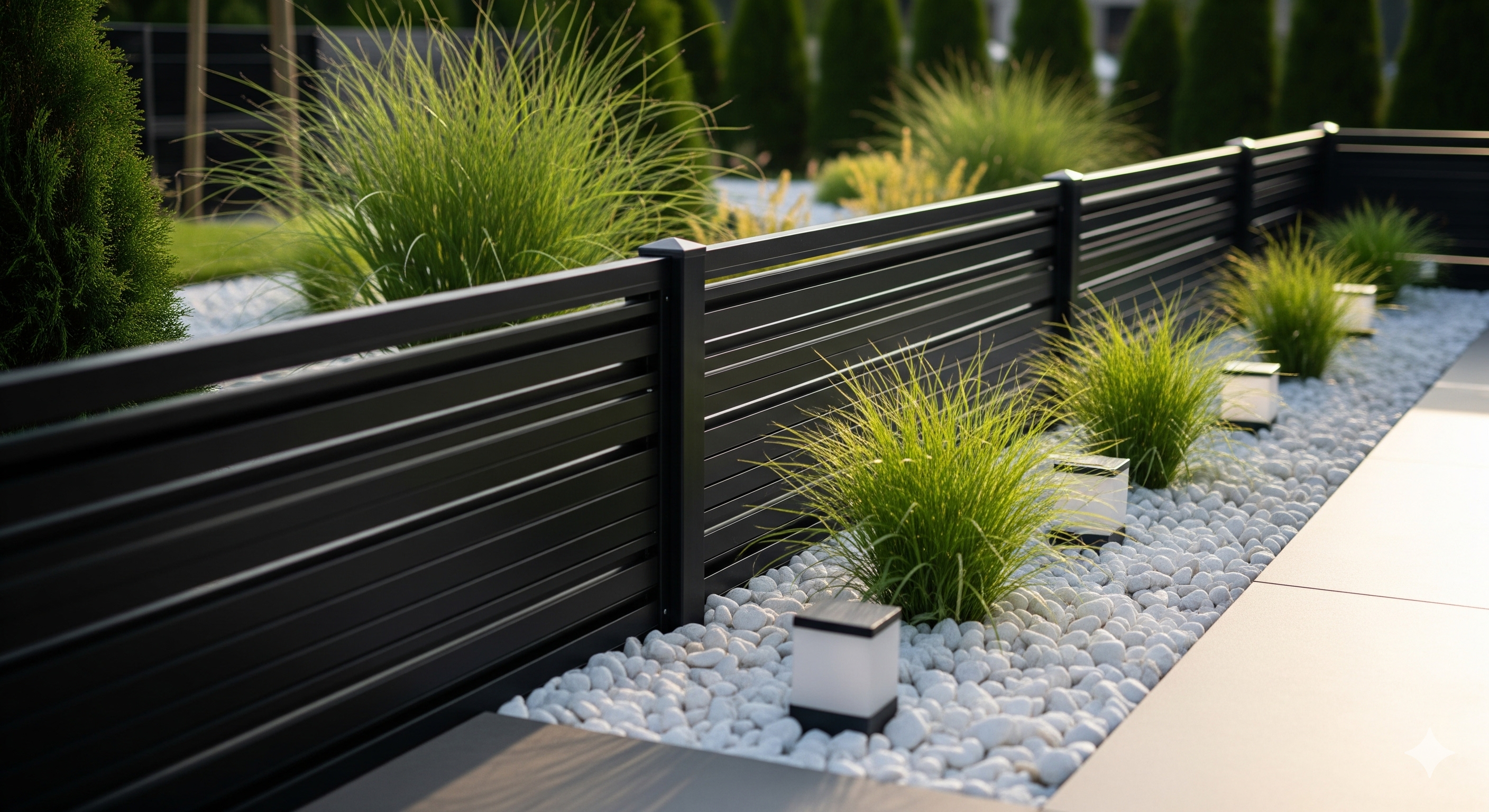 Czarny płotek ogrodowy nowoczesny z aluminium wydzielający rabatę w ogrodzie
