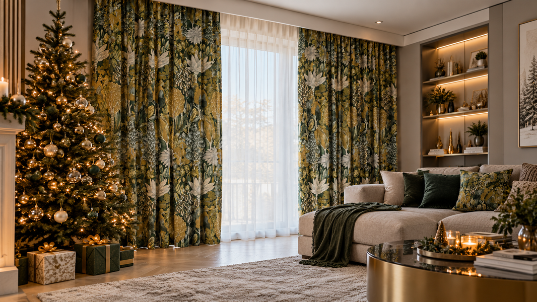 Przytulny salon świąteczny z zielonymi zasłonami