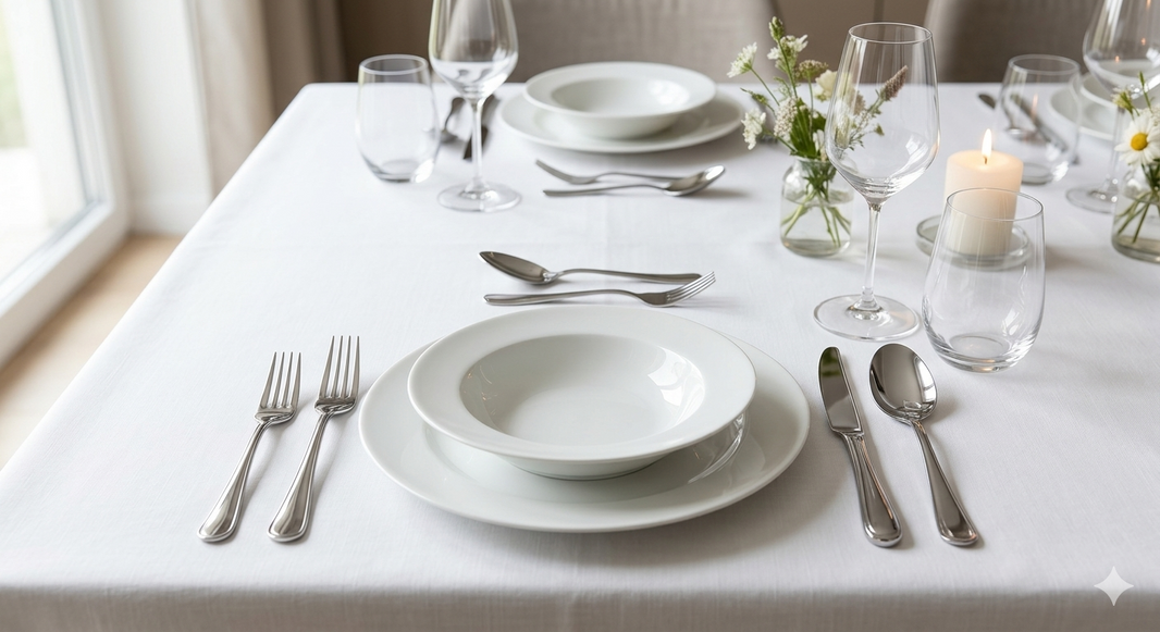 Eleganckie ułożenie sztućców na stole zgodnie z zasadami savoir-vivre, biały obrus i zastawa