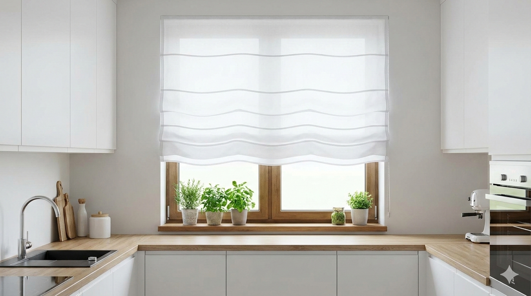 Jasna roleta rzymska zamontowana w nowoczesnej kuchni z drewnianym blatem i ziołami na parapecie.