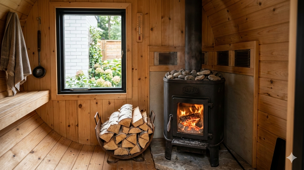 Jasna sauna ogrodowa z piecem na drewno w skandynawskim stylu w rogu ogrodu, obok okna z plisami