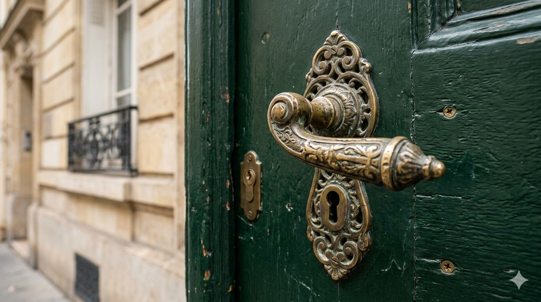 Zbliżenie na ozdobną, starą klamkę mosiężną z patyną zamontowaną na ciemnozielonych, drewnianych drzwiach