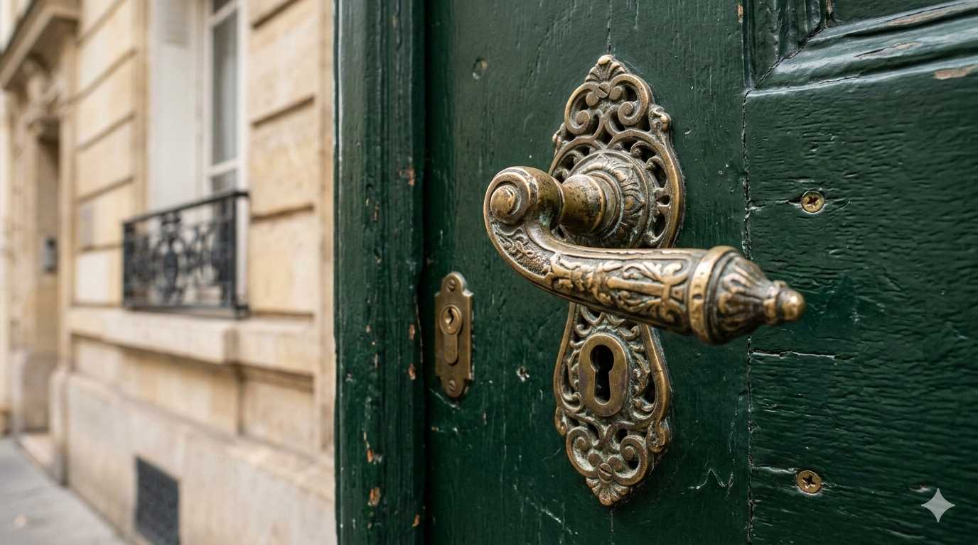 Zbliżenie na ozdobną, starą klamkę mosiężną z patyną zamontowaną na ciemnozielonych, drewnianych drzwiach