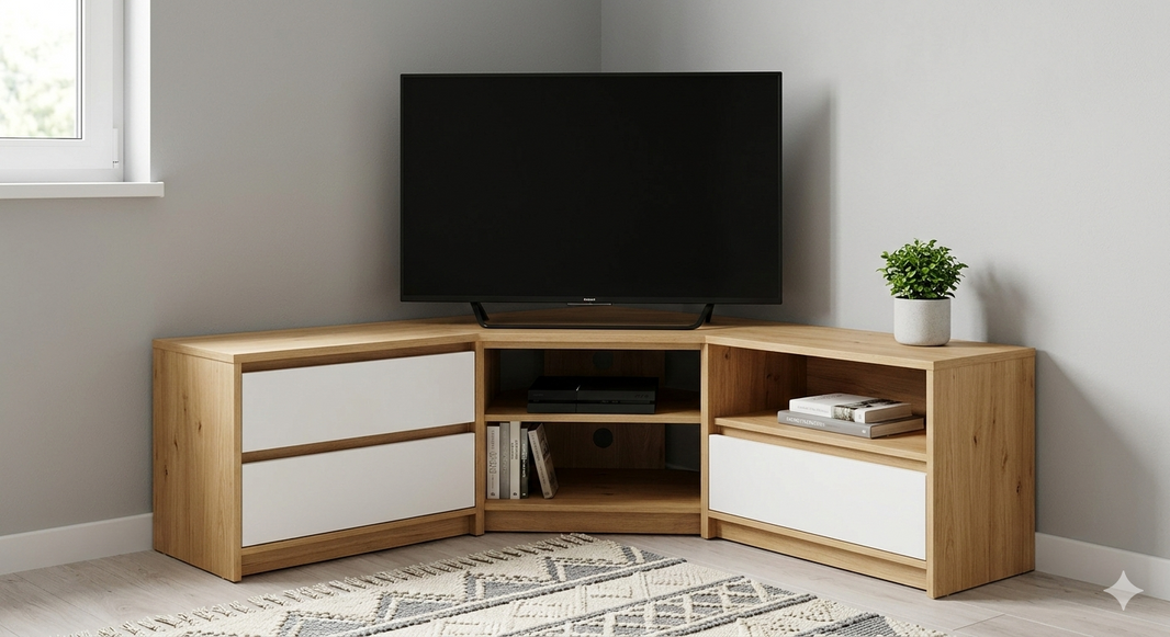 Jasna szafka RTV narożnikowa w skandynawskim stylu z telewizorem w rogu salonu, obok okna z plisami