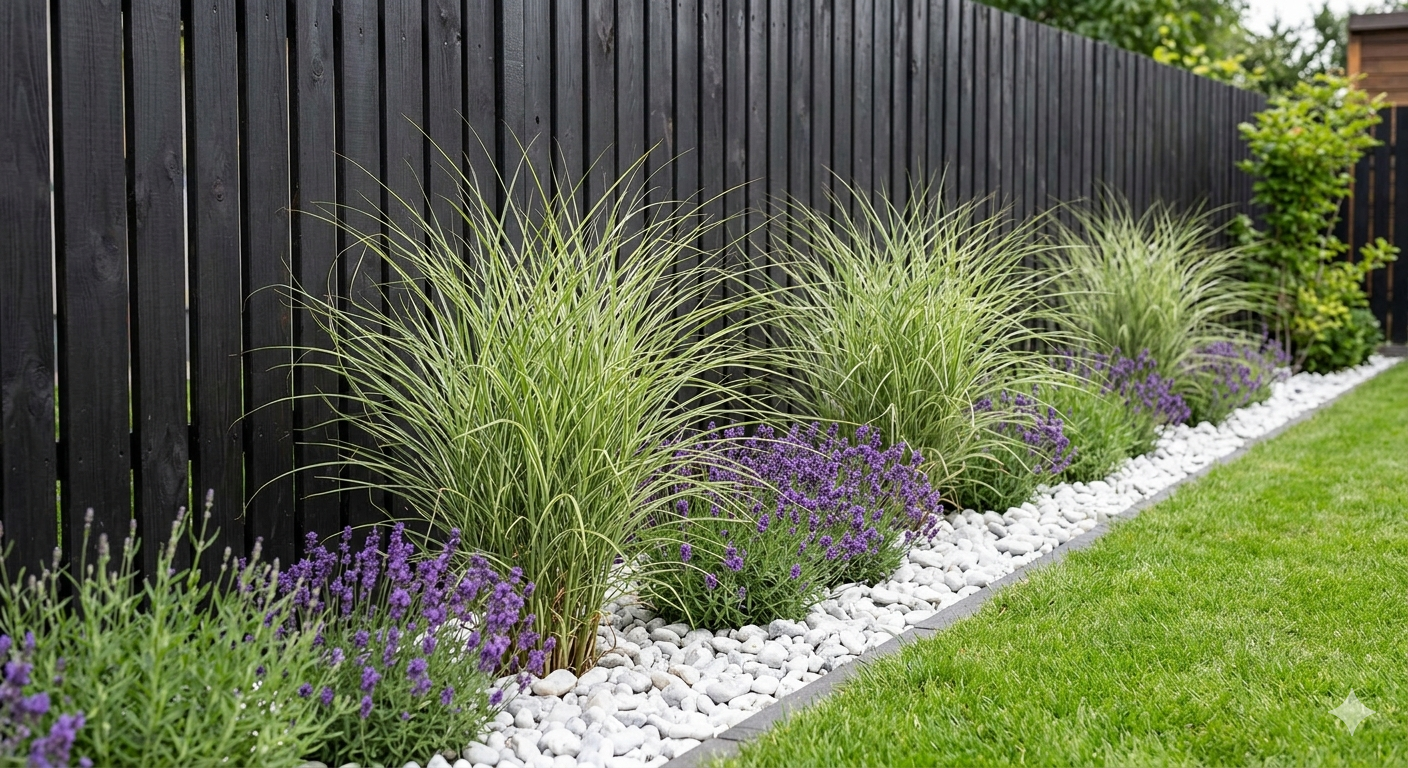 Nowoczesna aranżacja wąskiej rabaty wzdłuż ciemnego płotu z ozdobnymi trawami i lawendą w pełnym rozkwicie