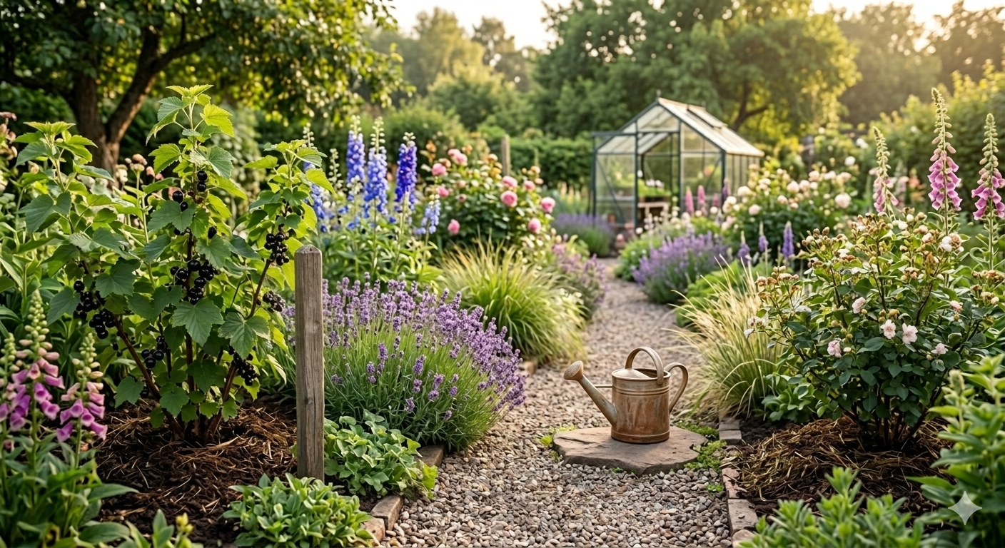 anoramiczny kadr ogrodu, symbolizujący przemianę pryzmy skoszonej trawy w darmowy, naturalny nawóz ('Zieleń która karmi') dla zdrowego krzewu owocowego