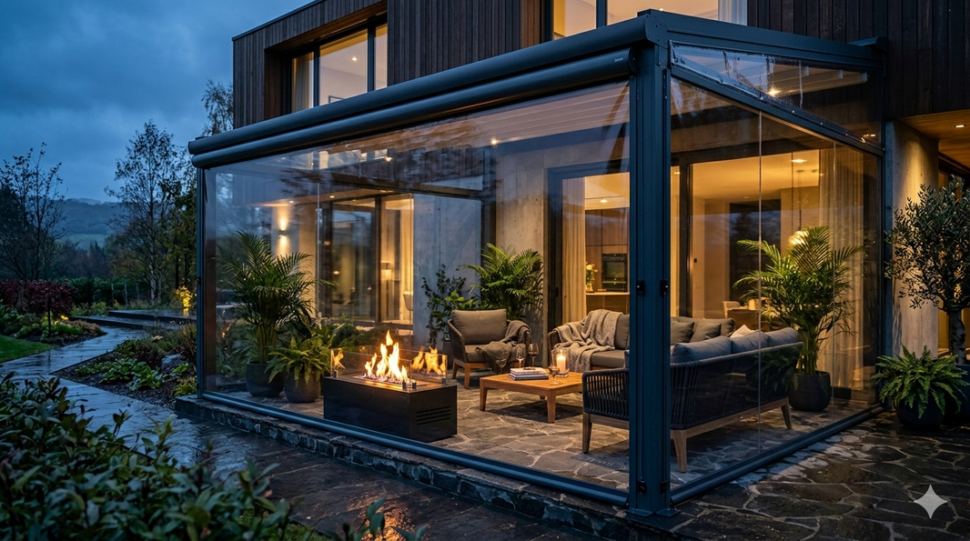 Nowoczesny, luksusowy taras nocą zabezpieczony przezroczystą plandeką zwijaną z antracytowym wykończeniem i ciepłym oświetleniem wewnątrz.