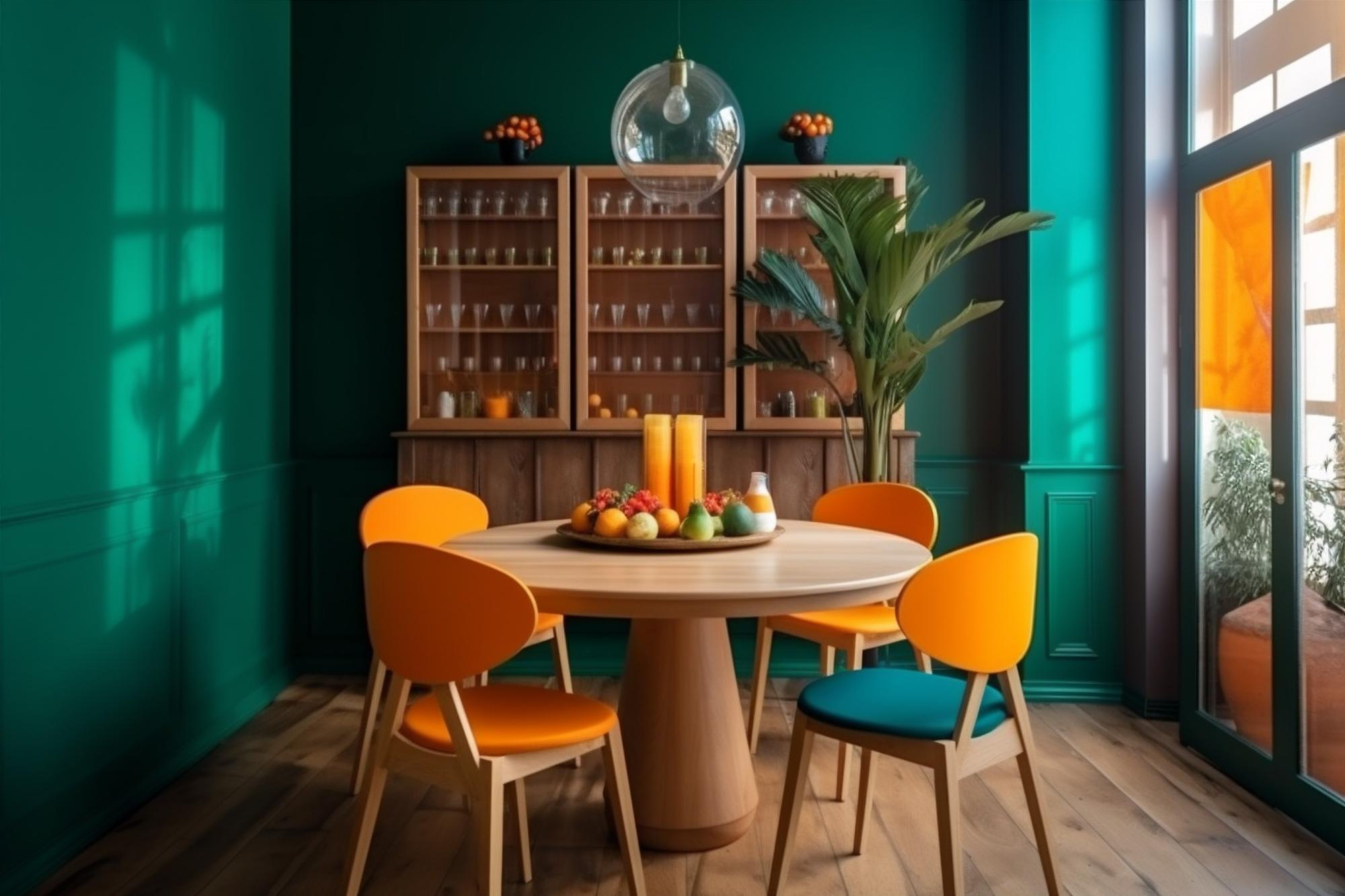 Kolorowe krzesła przy stole jako punkt centralny