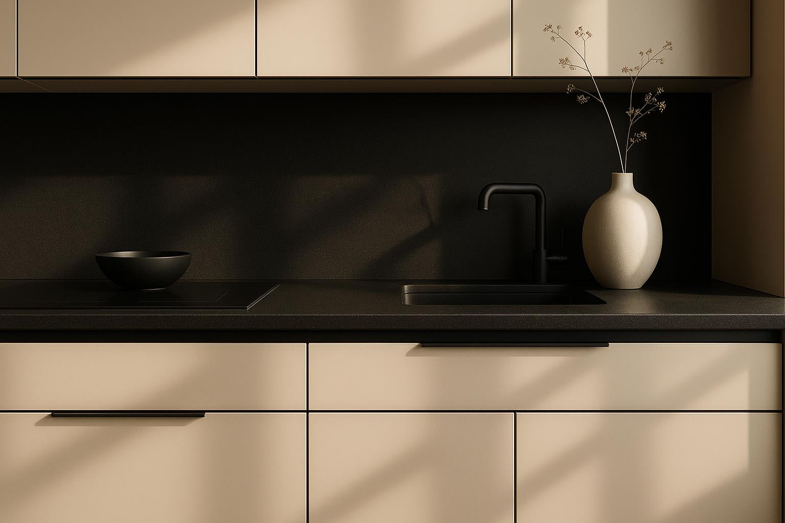 Kuchnia kaszmirowa z czarnym blatem: elegancja w kontraście